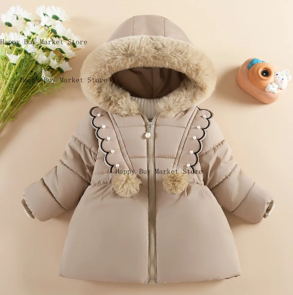 Children Autumn Winter Thick Cotton Coat Kids Girls Warm Pearls Jacket Plush Collar Hooded Windproof Outwear 1 To 6 Years Old - Image 3