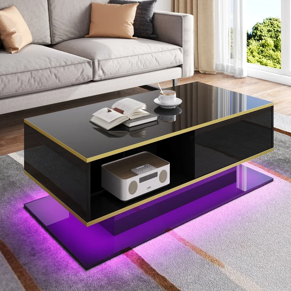 Modern LED Coffee Table with High Gloss Surface, Gold Decoration, Drawers and A Compartment with Color Changing LED Light Strip - Image 43