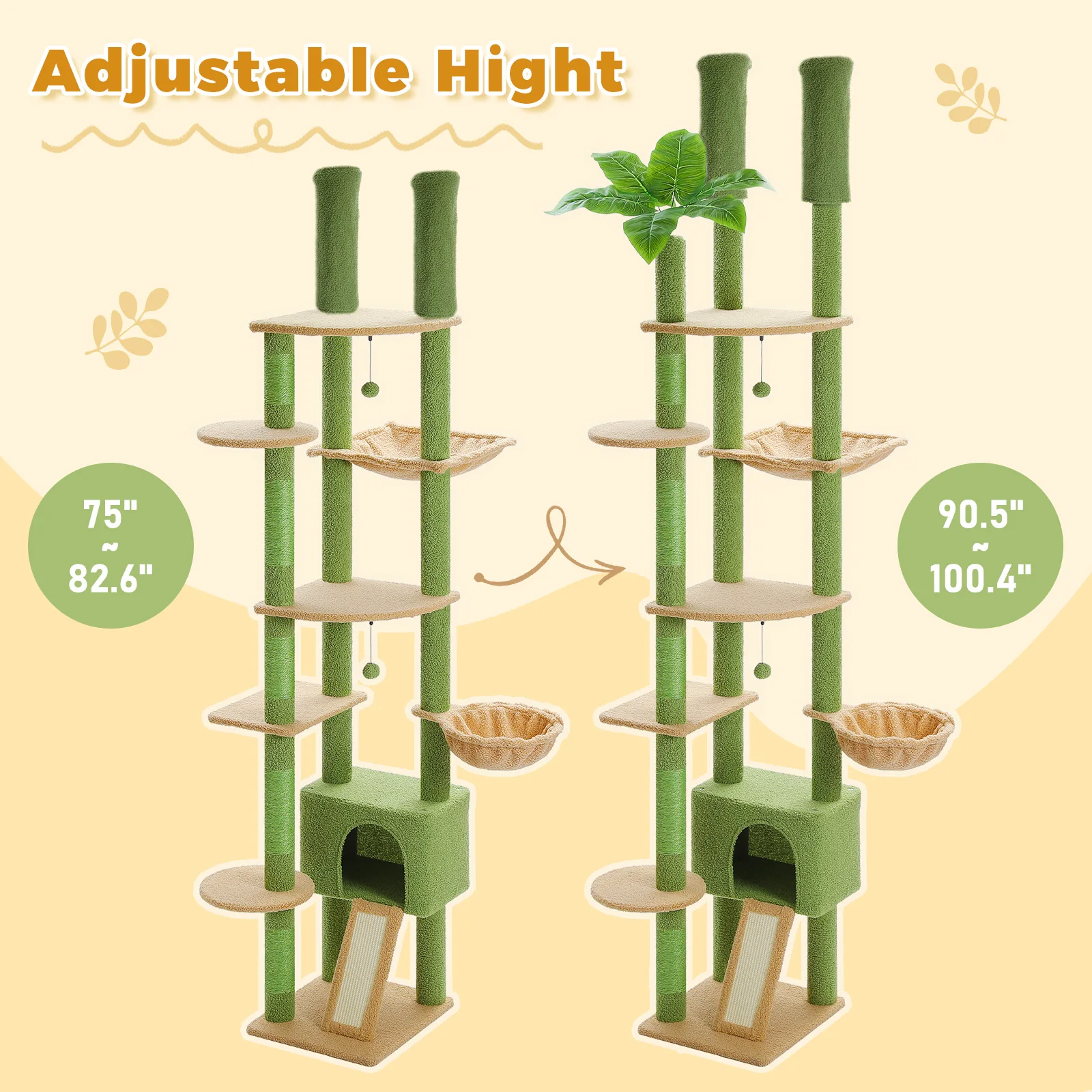 Cactus Cat Tree Floor to Ceiling Cat Tower with Sisal Scratching Post,Comfortable Hammock for Multi-Cat Homes,Cat Accessories - Image 39