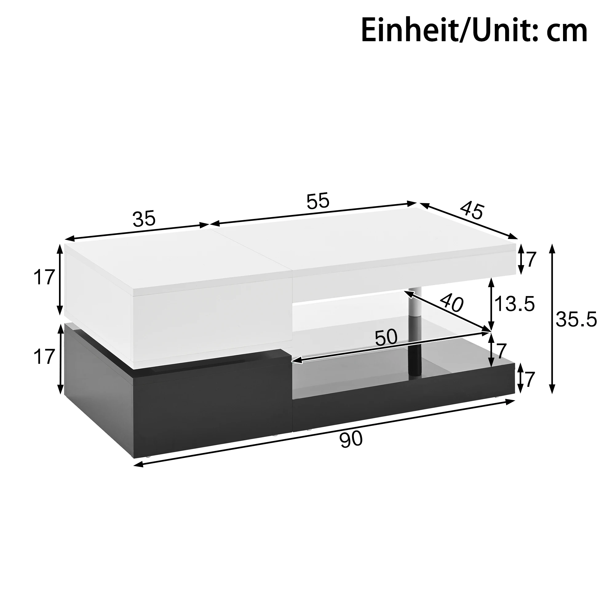Modern coffee table with LED ambient lighting, app and Bluetooth control, glass shelf and high-gloss surface, black and white - Image 5