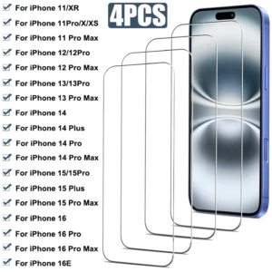 4PCS Full Tempered Glass For IPhone 13 14 15 16 Pro Max Plus 13 Mini 16E Screen Protector For IPhone 11 12 Pro Xr Xs Max Glass