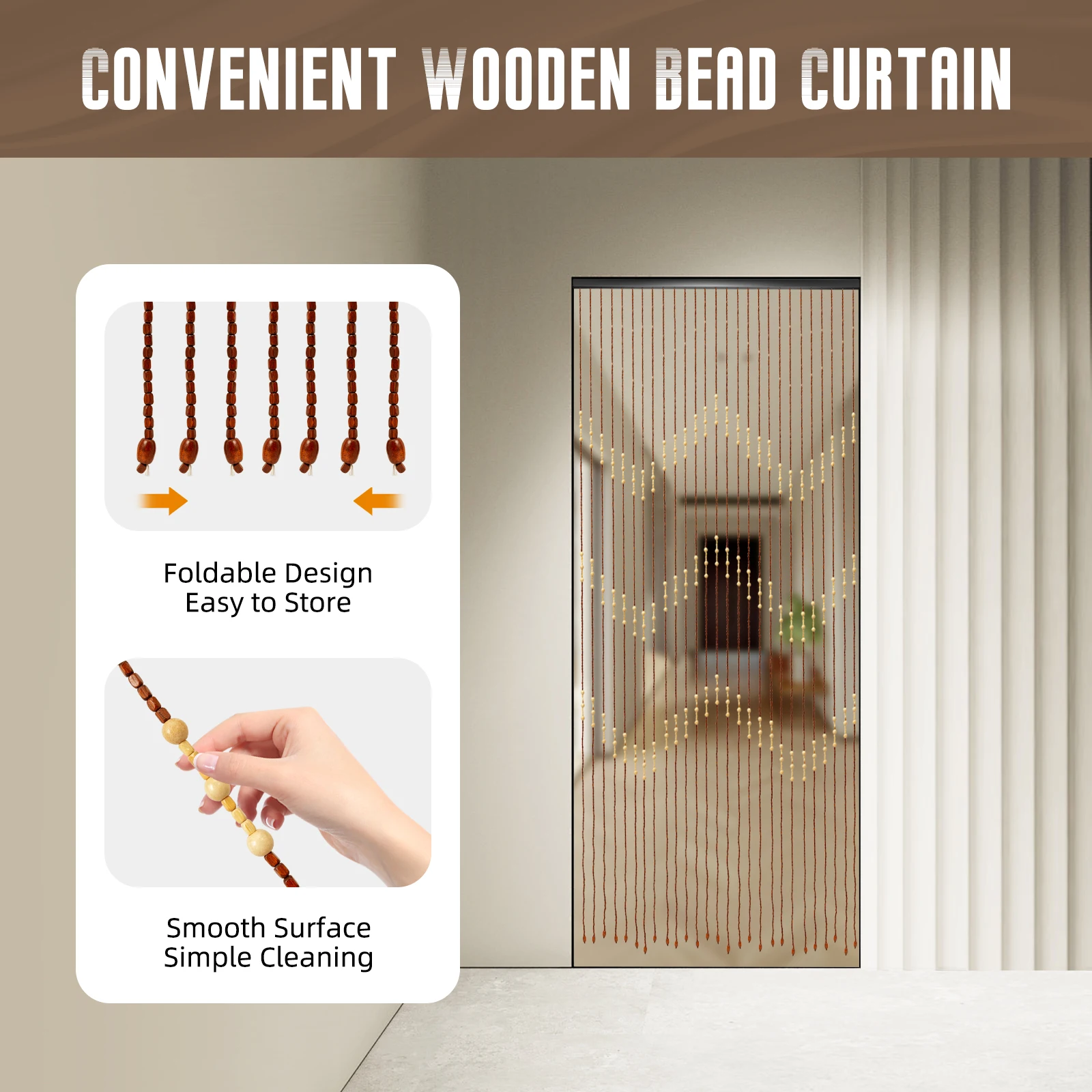 Wooden Bead Curtain 35.4*68.9IN Size 27 Lines Retro Design No-Punch Installation for Living Room Bedroom Door Window Decoration - Image 11