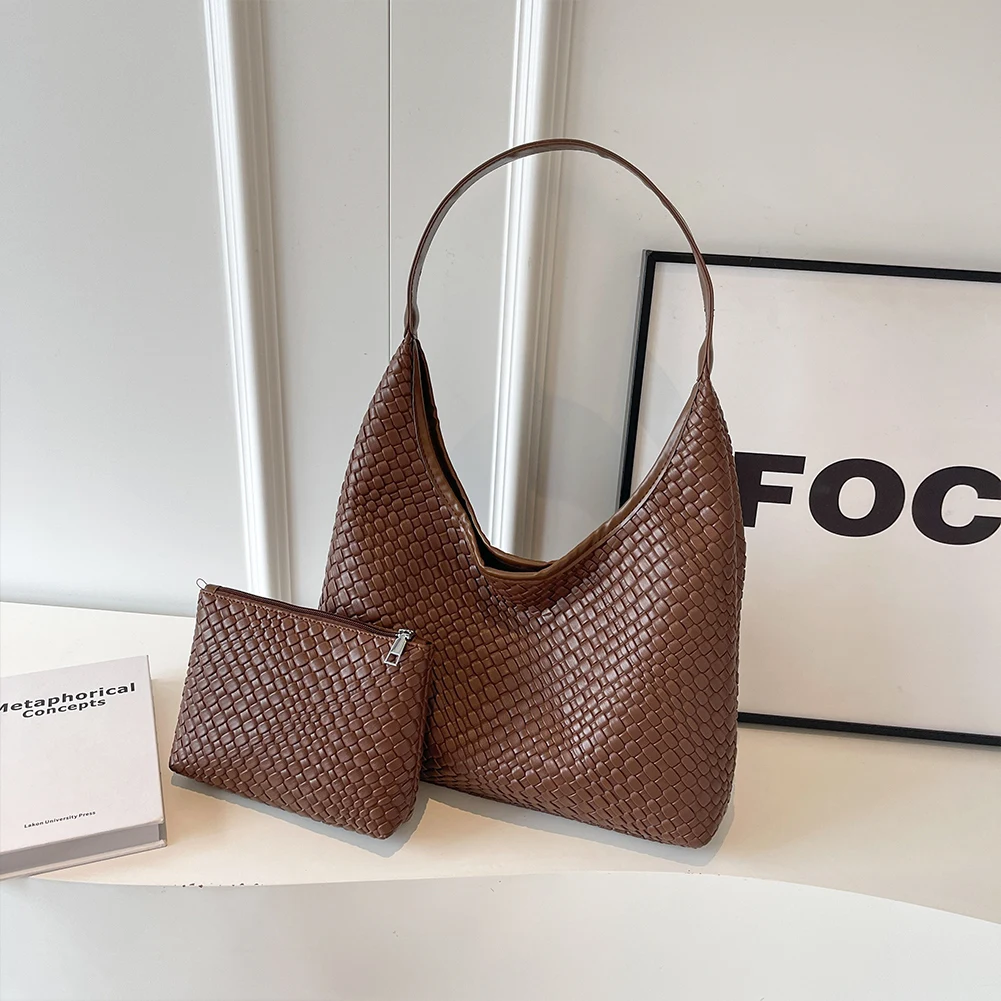 Stylish Women Large Shoulder Bag with Pouch Trendy PU Woven Tote Satchel Bag for Everyday Use and Shopping - Image 11