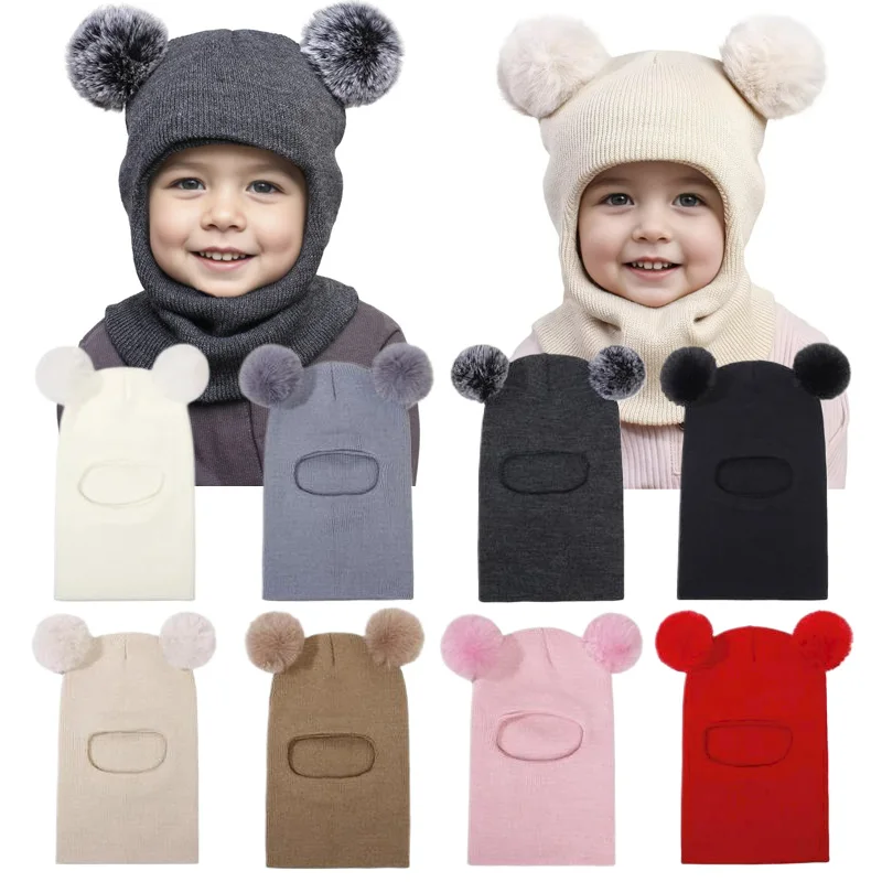 One-Piece Baby Hat Scarf for Boys Cute Pompom Kids Knitted Beanie Winter Infant Girls Cap Ears Neck Warm Protection Bonnet 1-5Y - Image 2