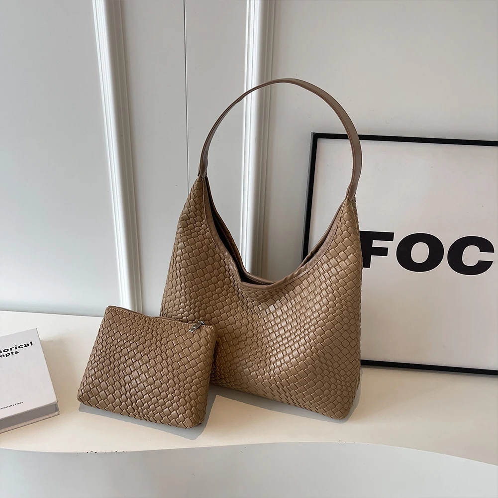Stylish Women Large Shoulder Bag with Pouch Trendy PU Woven Tote Satchel Bag for Everyday Use and Shopping - Image 10