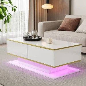 Modern LED Coffee Table with High Gloss Surface, Gold Decoration, Drawers and A Compartment with Color Changing LED Light Strip