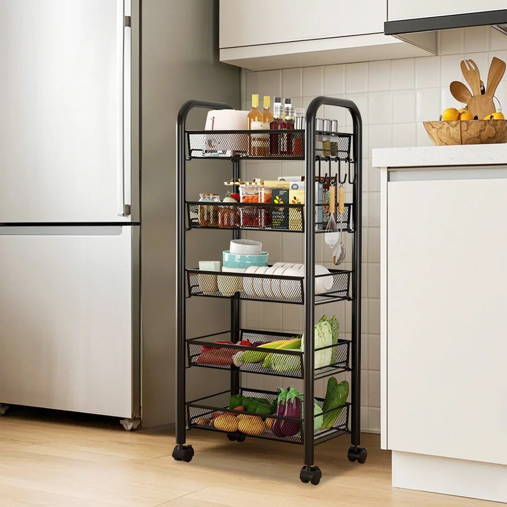 5-Tier Movable Trolley Storage Rack Metal Kitchen Rack Household Floor-Standing Multi-Layer Storage Rack Vegetable Basket - Image 21