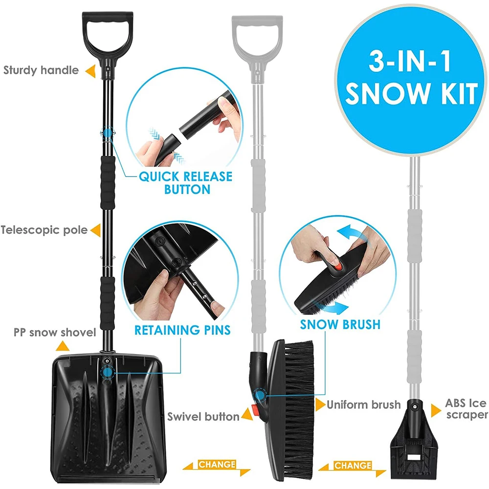 Podofo Portable Snow Shovel Scoop Shovel With Ergonomic 3-in-1 Snow Brush Lightweight Snow Remover Set Snow Shovel for Garden - Image 6