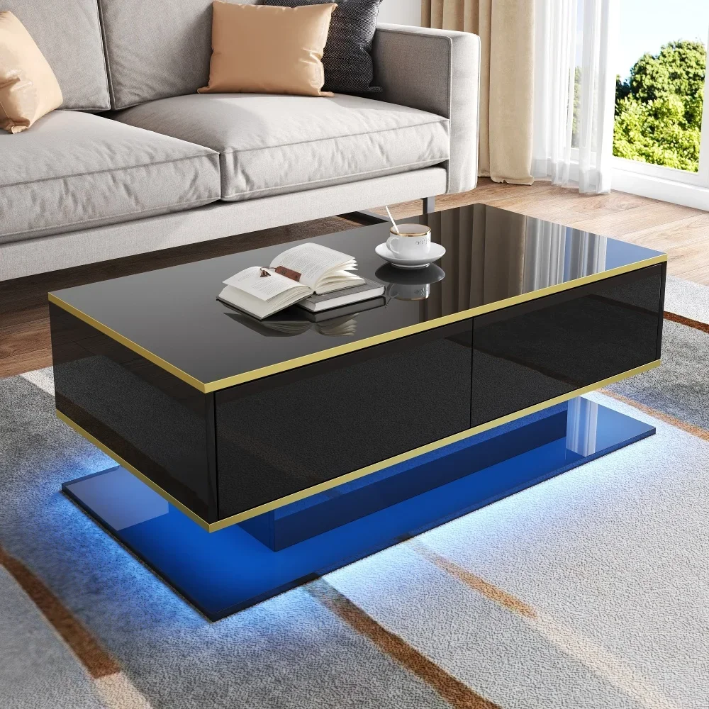 Modern LED Coffee Table with High Gloss Surface, Gold Decoration, Drawers and A Compartment with Color Changing LED Light Strip - Image 44