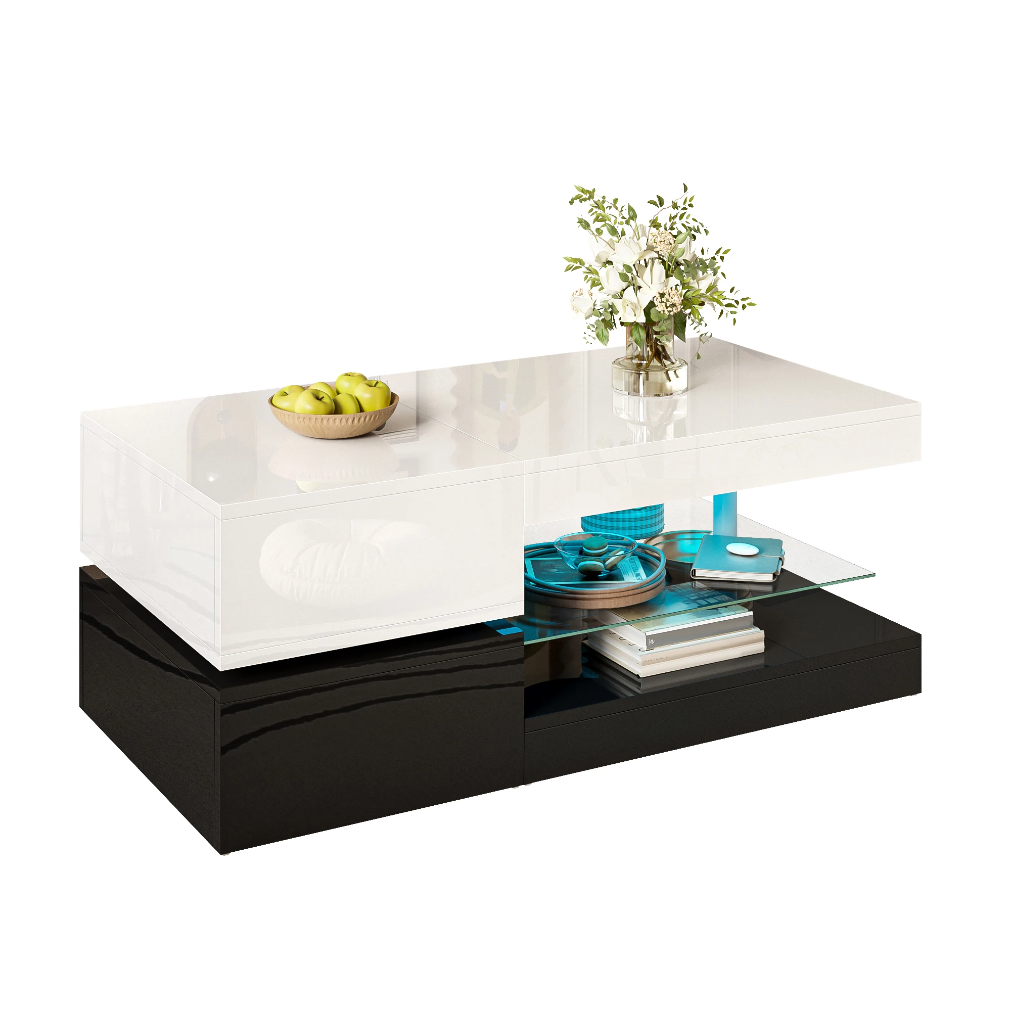 Modern coffee table with LED ambient lighting, app and Bluetooth control, glass shelf and high-gloss surface, black and white - Image 4