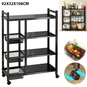 New Metal Shelf 4-Tier Storage Rack with Wheels Utility Rack Shelf Basket for Kitchen Bathroom Organizer 92*32*108cm