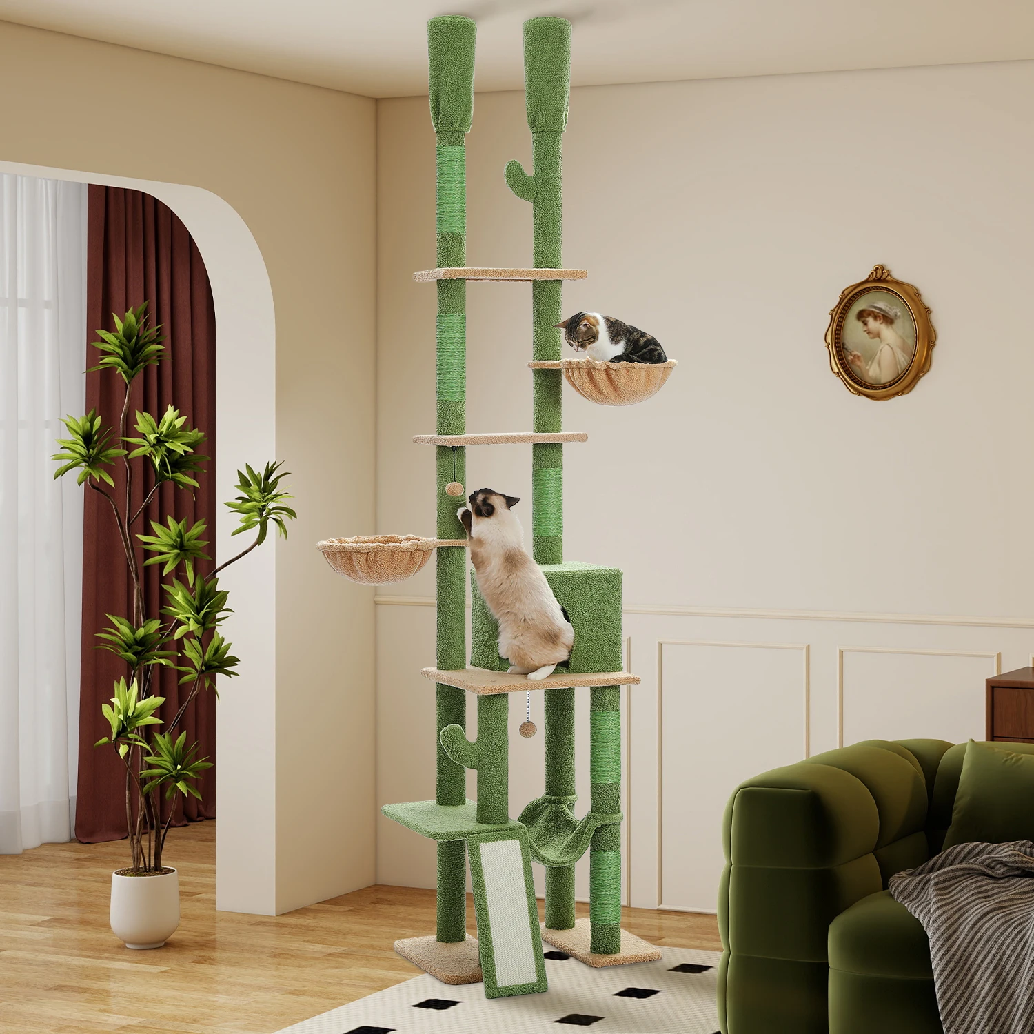 Cactus Cat Tree Floor to Ceiling Cat Tower with Sisal Scratching Post,Comfortable Hammock for Multi-Cat Homes,Cat Accessories - Image 2