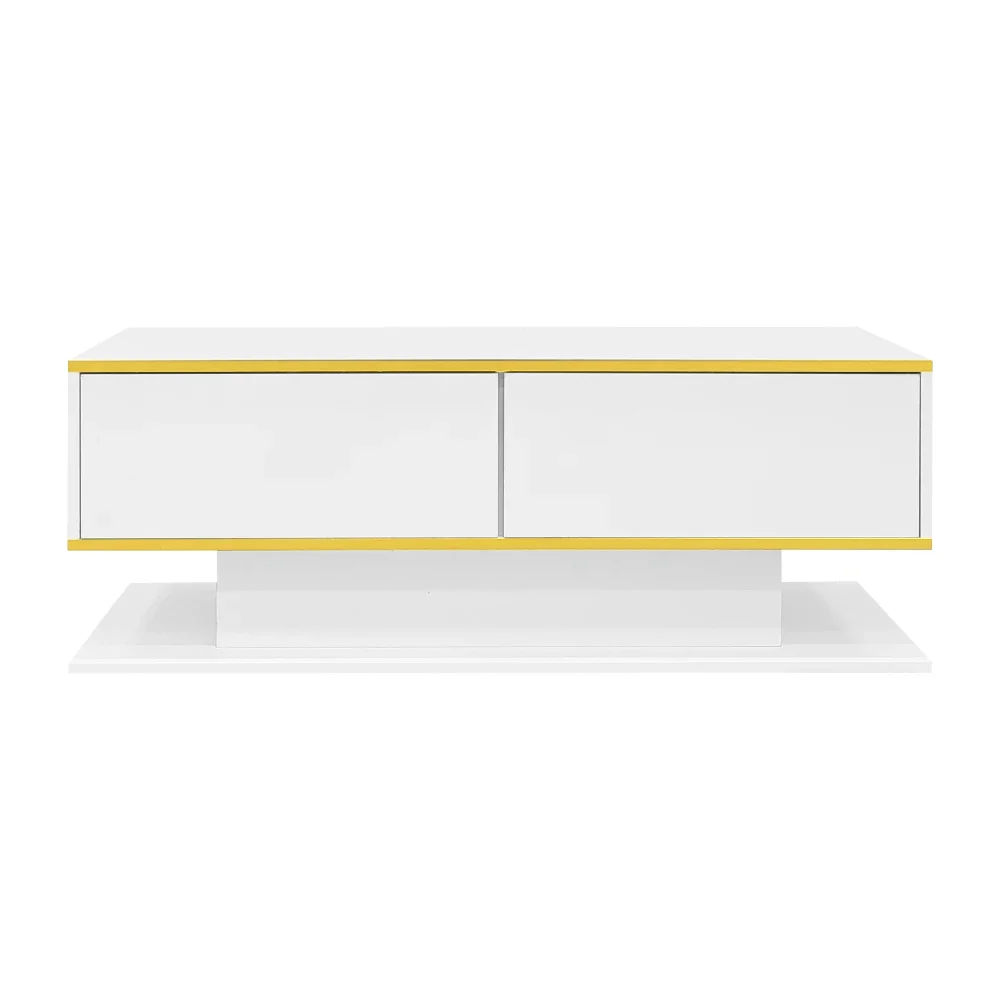 Modern LED Coffee Table with High Gloss Surface, Gold Decoration, Drawers and A Compartment with Color Changing LED Light Strip - Image 20