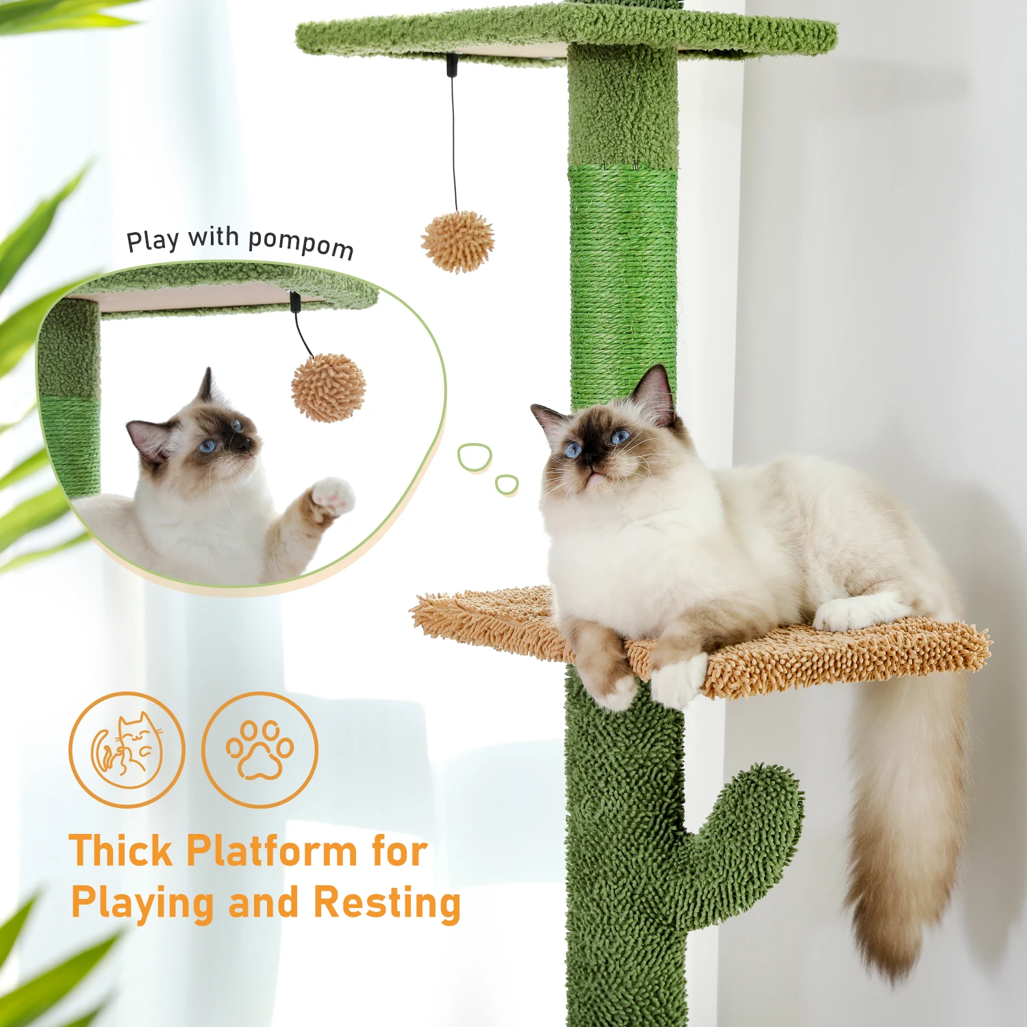 Cactus Cat Tree Floor to Ceiling Cat Tower with Sisal Scratching Post,Comfortable Hammock for Multi-Cat Homes,Cat Accessories - Image 31