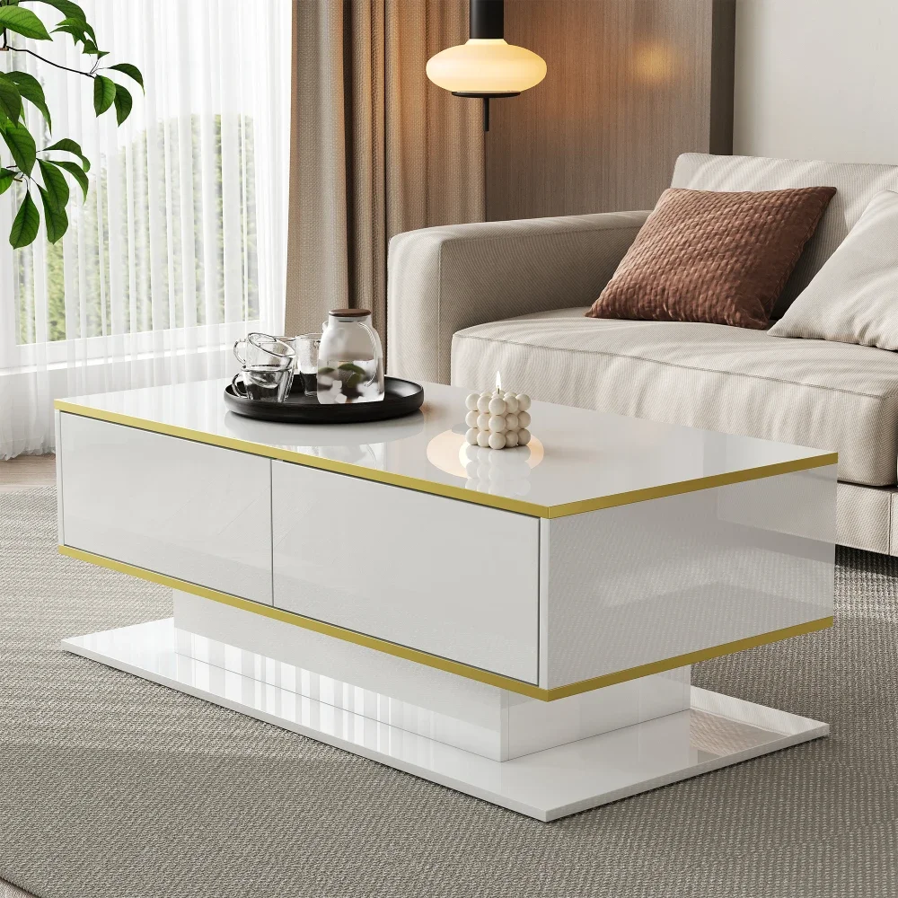 Modern LED Coffee Table with High Gloss Surface, Gold Decoration, Drawers and A Compartment with Color Changing LED Light Strip - Image 2