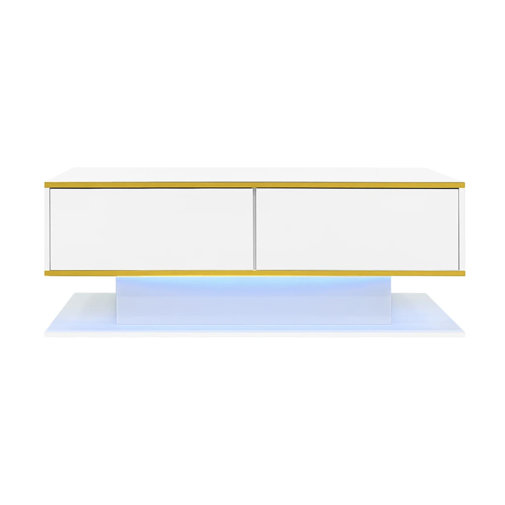 Modern LED Coffee Table with High Gloss Surface, Gold Decoration, Drawers and A Compartment with Color Changing LED Light Strip - Image 22