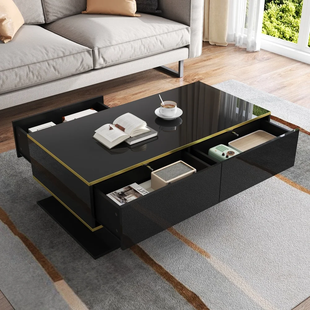 Modern LED Coffee Table with High Gloss Surface, Gold Decoration, Drawers and A Compartment with Color Changing LED Light Strip - Image 42