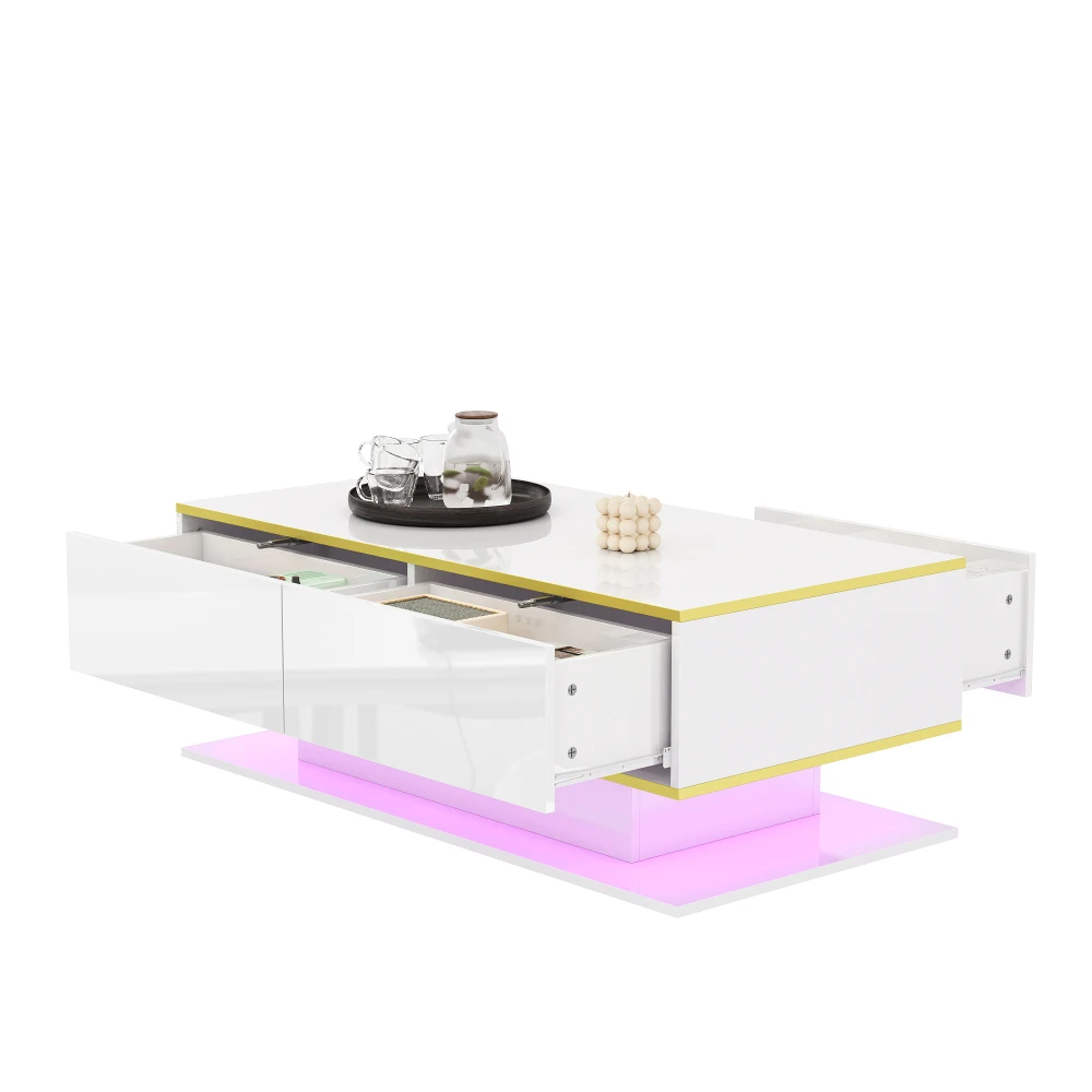 Modern LED Coffee Table with High Gloss Surface, Gold Decoration, Drawers and A Compartment with Color Changing LED Light Strip - Image 8