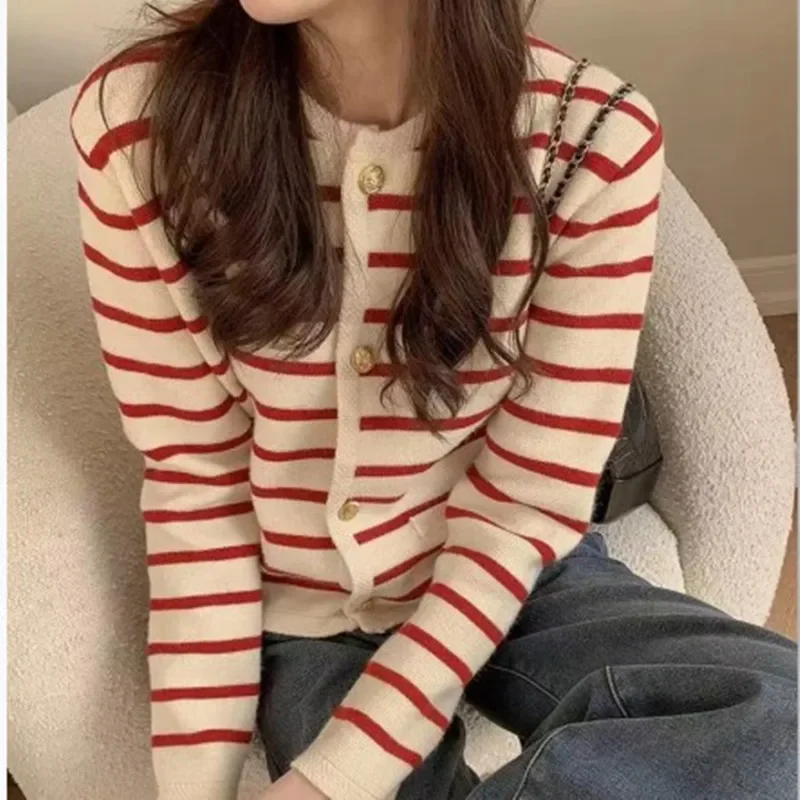 Women Stripe Knitted Cardigans Spring Autumn O-neck Single Breasted Long Sleeve Crop Tops Fashion Casual Chic Female Sweaters - Image 3