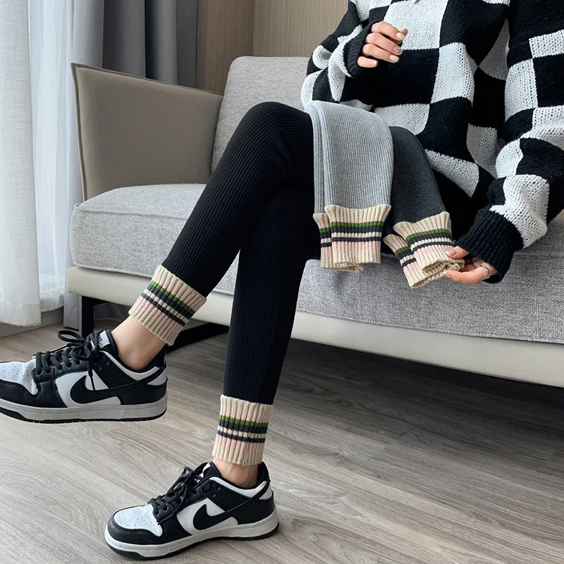 Ribbed Leggings Women High Waist Slim Thermal Wear Leggings Season Wool Pants for Fall Winter Fashion Striped Warm Pants - Image 3