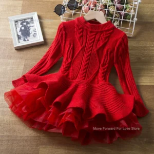 Long Sleeve Girls Winter Dress for 3-8 Years 2025 New Knitted Sweater Outfits Red Christmas Party Dress for Girls Kids Costume