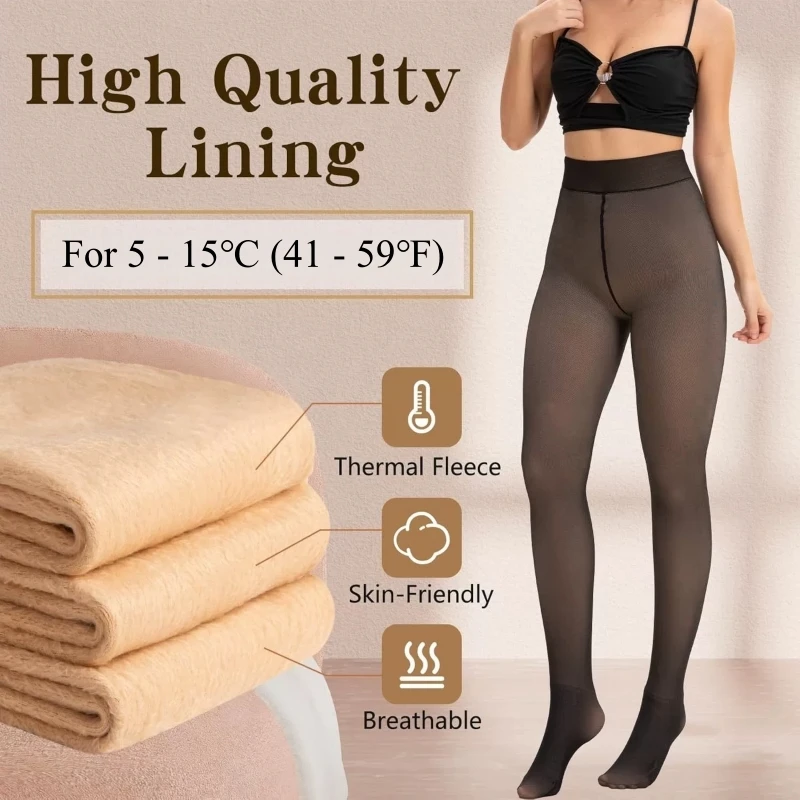 M L XL Plus Size Thermal Fleece Lining Warm Shaping Pantyhose Women Sexy Fake Semi-Transparent High Waist Tights Leggings - Image 3