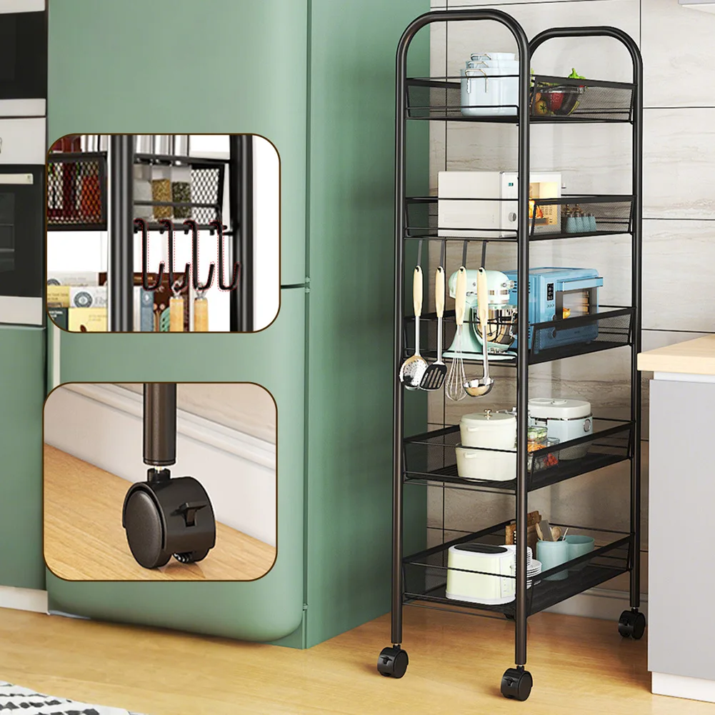 5-Tier Movable Trolley Storage Rack Metal Kitchen Rack Household Floor-Standing Multi-Layer Storage Rack Vegetable Basket - Image 14