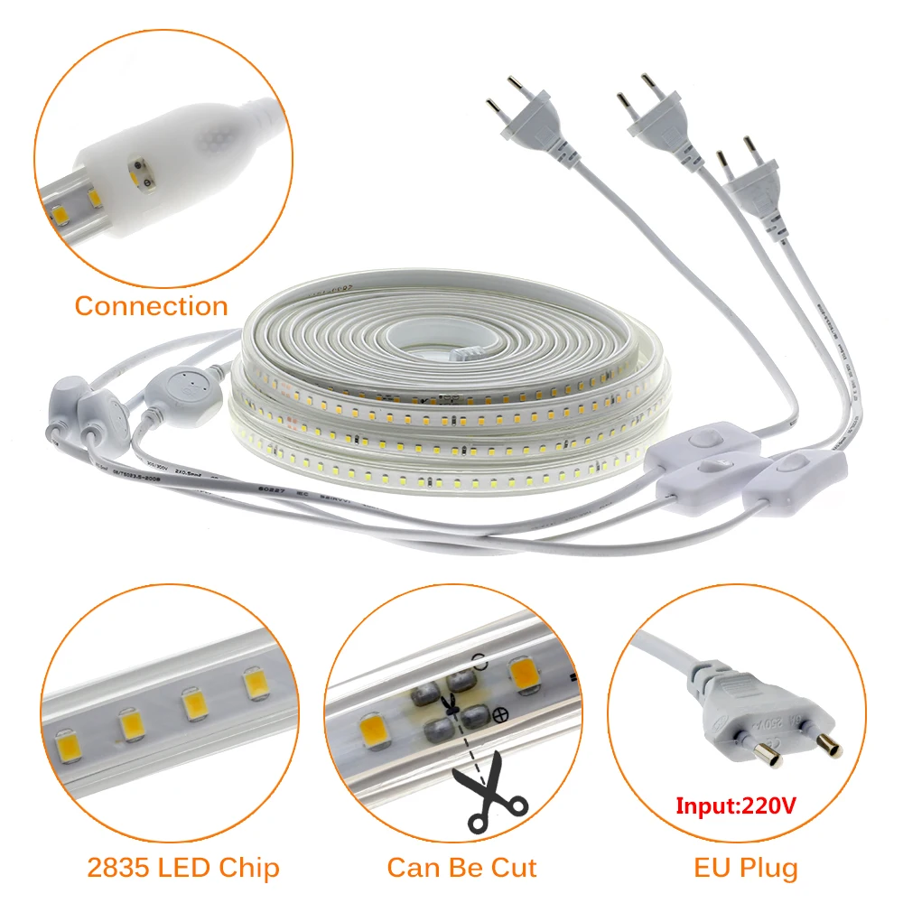 Soft Flexible 220V LED Strip Not Dazzling 120LEDs/m 8W/m with EU Plug and Switch Waterproof High Brightness LED Strip Light - Image 3