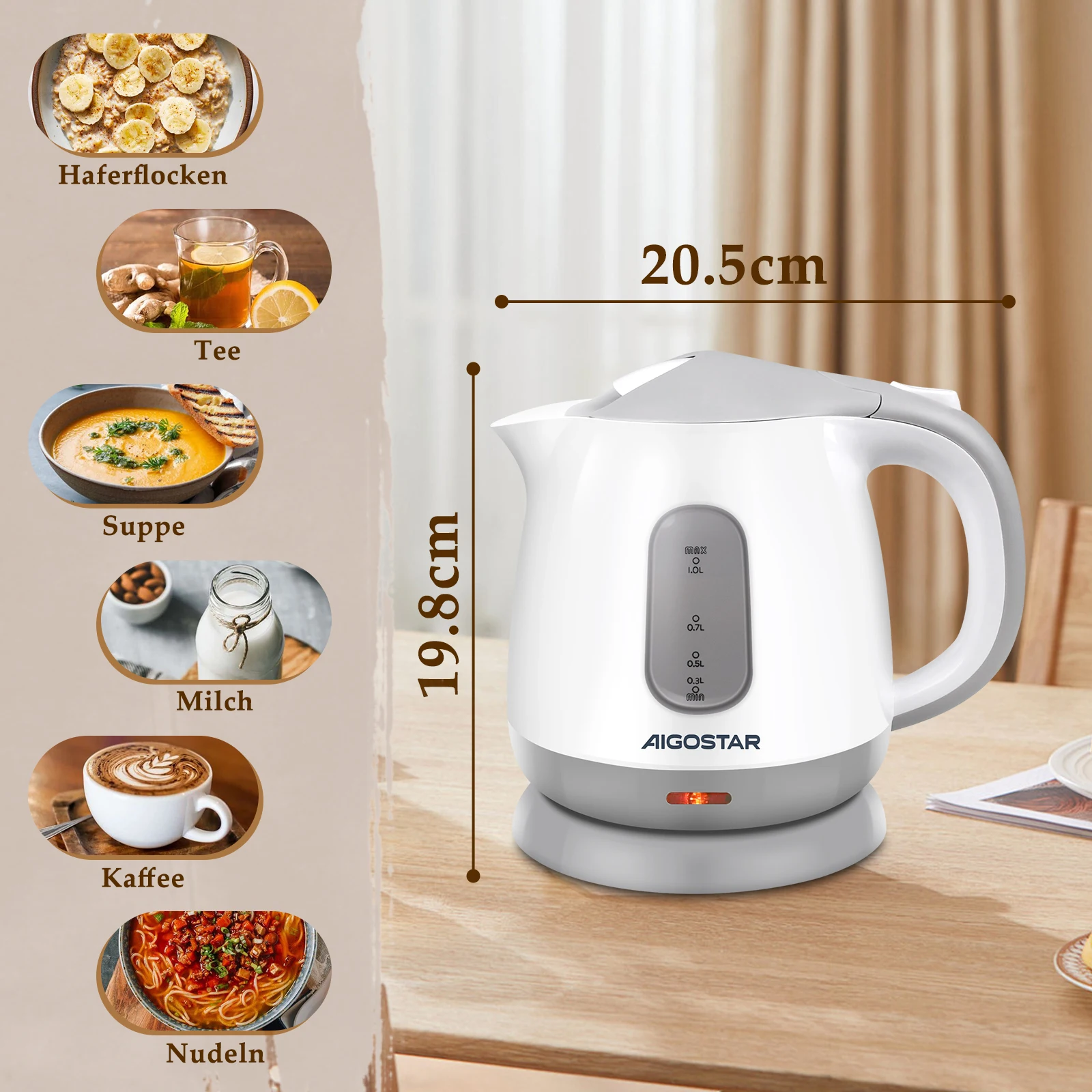 Aigostar Juliet - 1 Litre Compact Kettle, 1100W, Small Kettle, Dual Water Level Indicator, Detachable Anti-Limescale Filter, 360 - Image 4