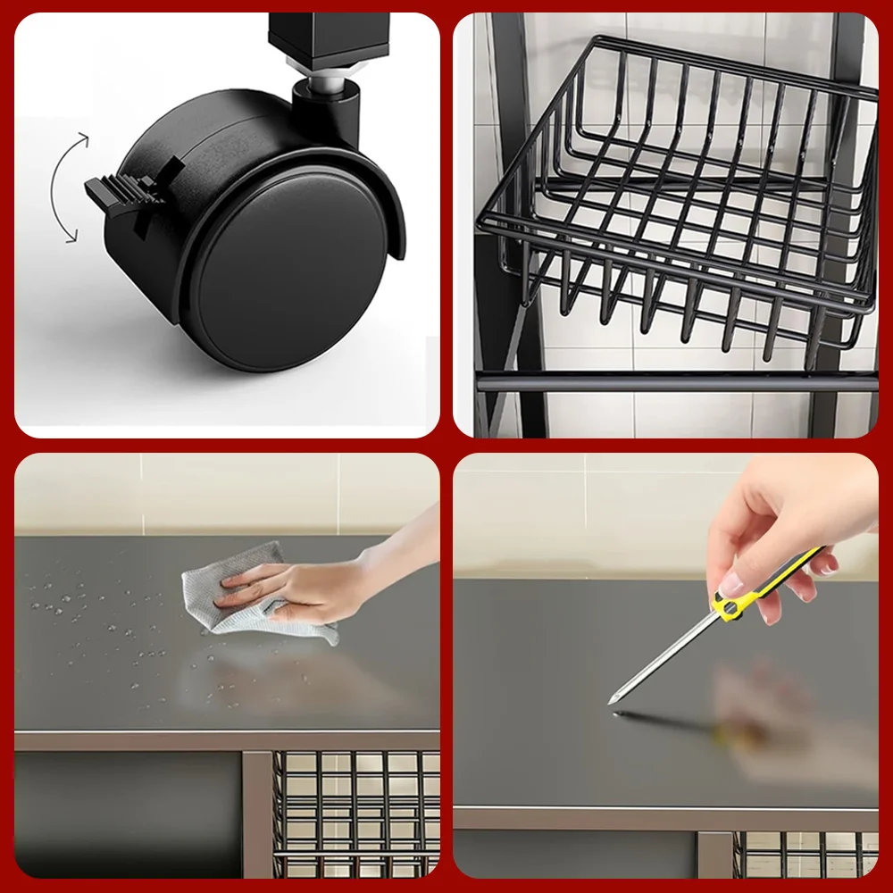 New Metal Shelf 4-Tier Storage Rack with Wheels Utility Rack Shelf Basket for Kitchen Bathroom Organizer 92*32*108cm - Image 5