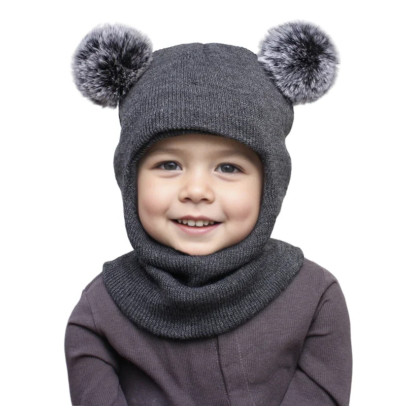 One-Piece Baby Hat Scarf for Boys Cute Pompom Kids Knitted Beanie Winter Infant Girls Cap Ears Neck Warm Protection Bonnet 1-5Y - Image 4