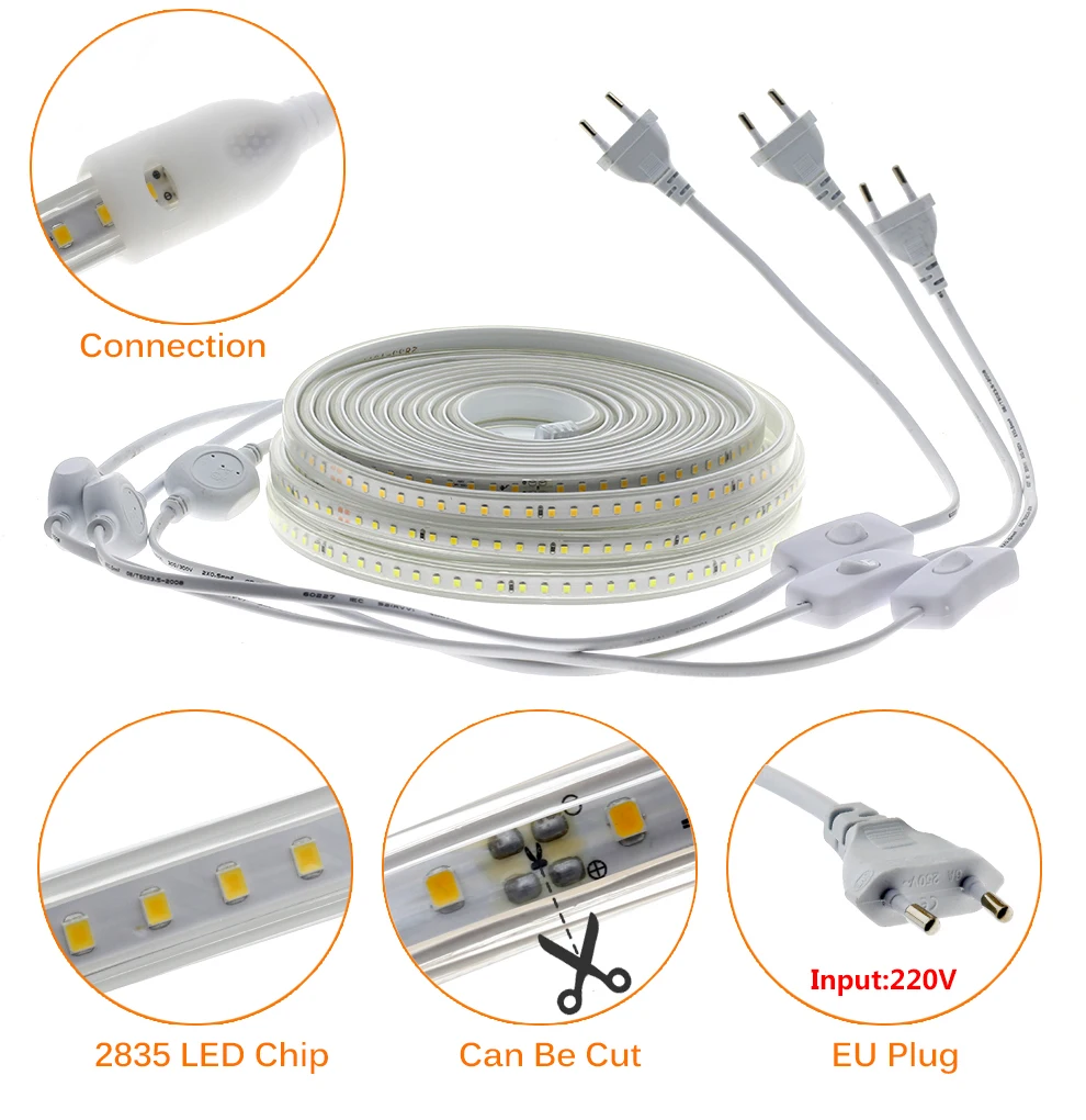 Soft Flexible 220V LED Strip Not Dazzling 120LEDs/m 8W/m with EU Plug and Switch Waterproof High Brightness LED Strip Light - Image 12