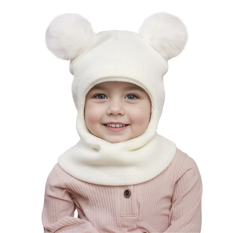 One-Piece Baby Hat Scarf for Boys Cute Pompom Kids Knitted Beanie Winter Infant Girls Cap Ears Neck Warm Protection Bonnet 1-5Y - Image 9