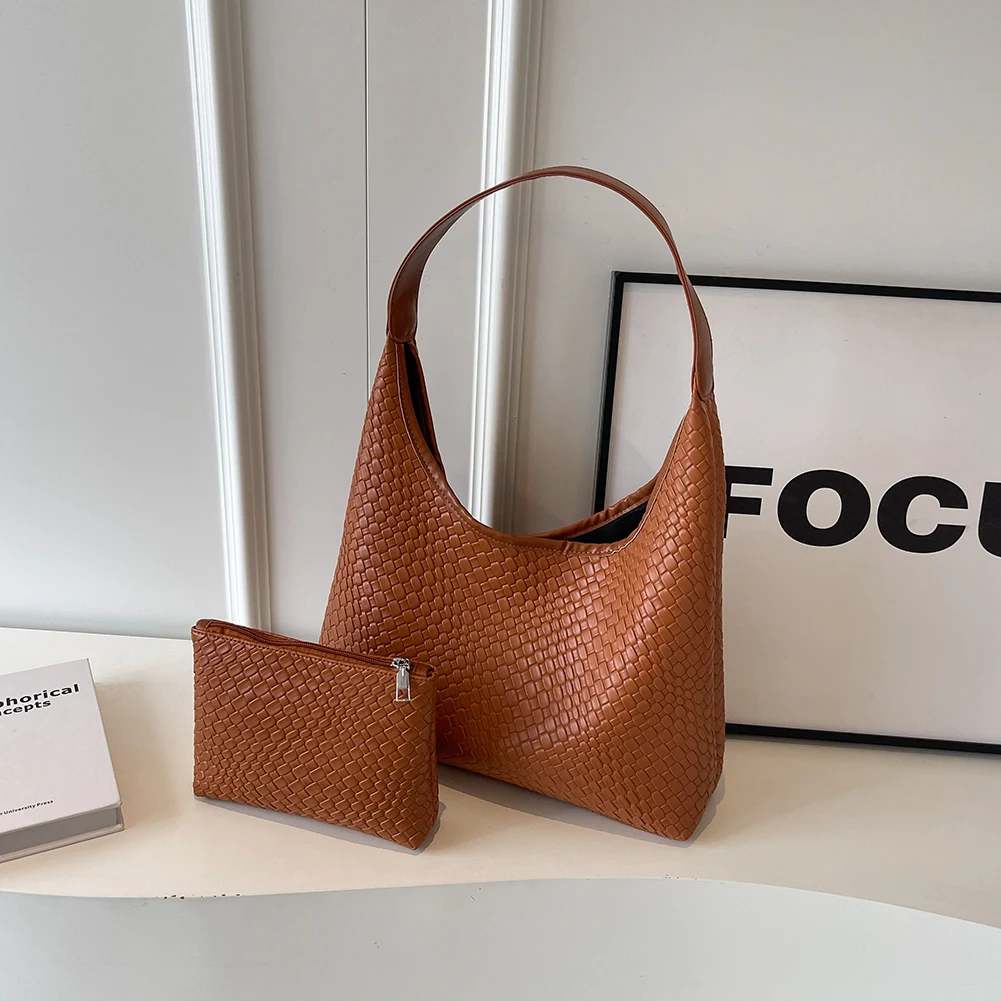 Stylish Women Large Shoulder Bag with Pouch Trendy PU Woven Tote Satchel Bag for Everyday Use and Shopping - Image 8