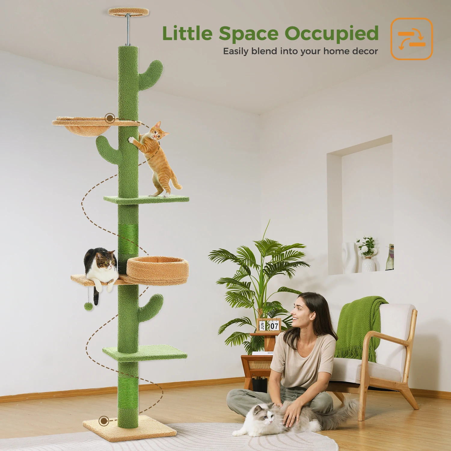 Cactus Cat Tree Floor to Ceiling Cat Tower with Sisal Scratching Post,Comfortable Hammock for Multi-Cat Homes,Cat Accessories - Image 25