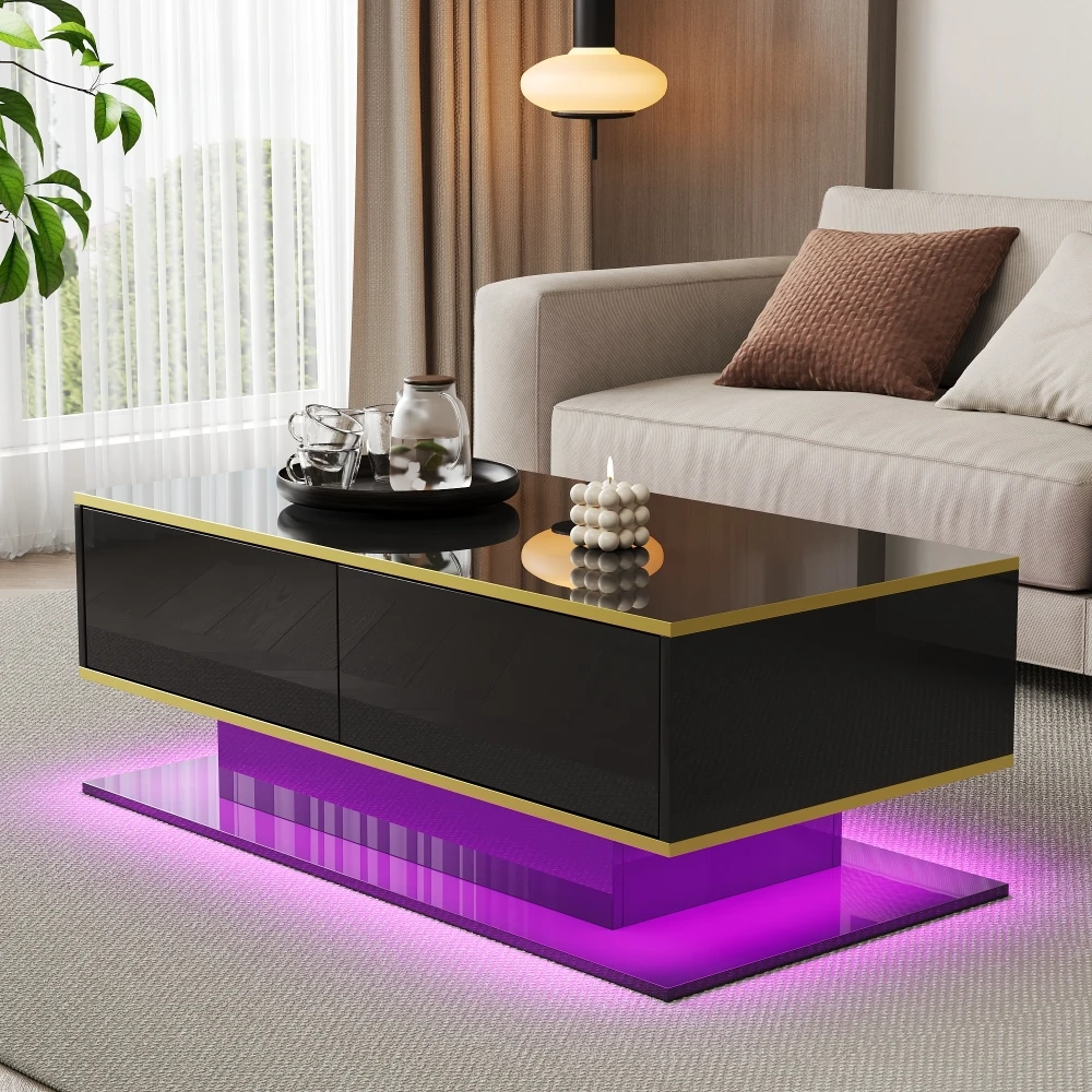 Modern LED Coffee Table with High Gloss Surface, Gold Decoration, Drawers and A Compartment with Color Changing LED Light Strip - Image 33