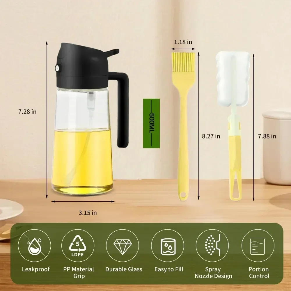 2IN1 Oil Dispenser 1-2PCS Mister 500ML Spray Plastics Oil Spray Bottle with 2pcs Brush Spray Pour Cooking Spritzer BBQ Bottle - Image 3