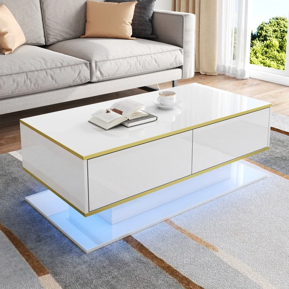 Modern LED Coffee Table with High Gloss Surface, Gold Decoration, Drawers and A Compartment with Color Changing LED Light Strip - Image 6