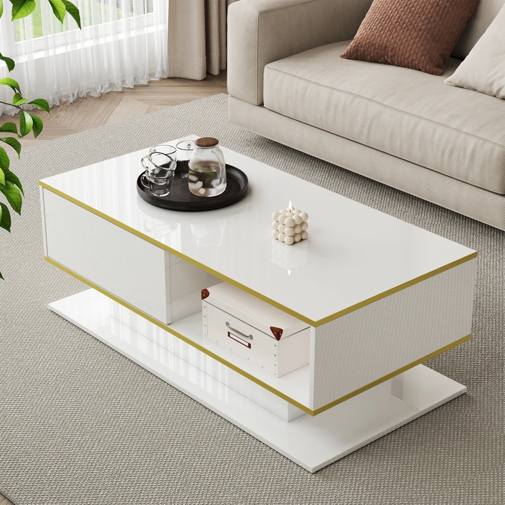Modern LED Coffee Table with High Gloss Surface, Gold Decoration, Drawers and A Compartment with Color Changing LED Light Strip - Image 13