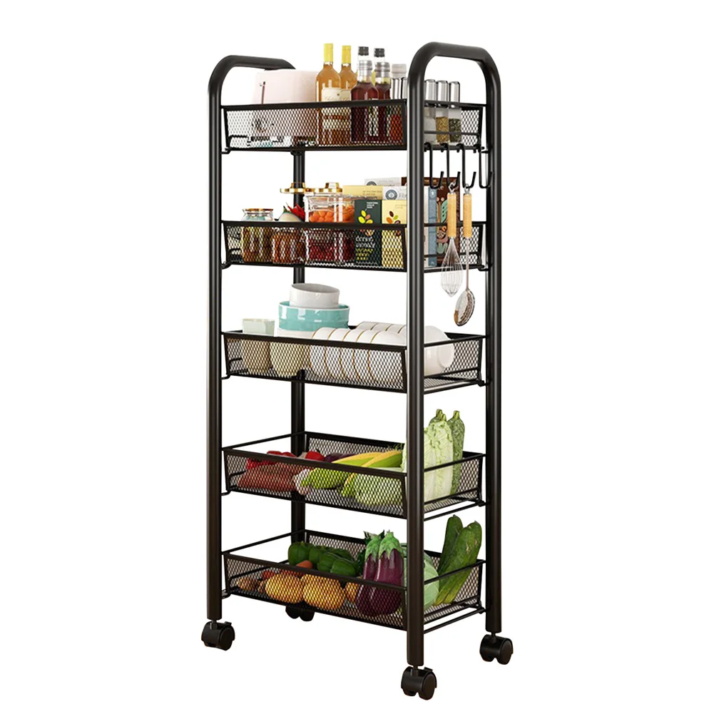 5-Tier Movable Trolley Storage Rack Metal Kitchen Rack Household Floor-Standing Multi-Layer Storage Rack Vegetable Basket - Image 7