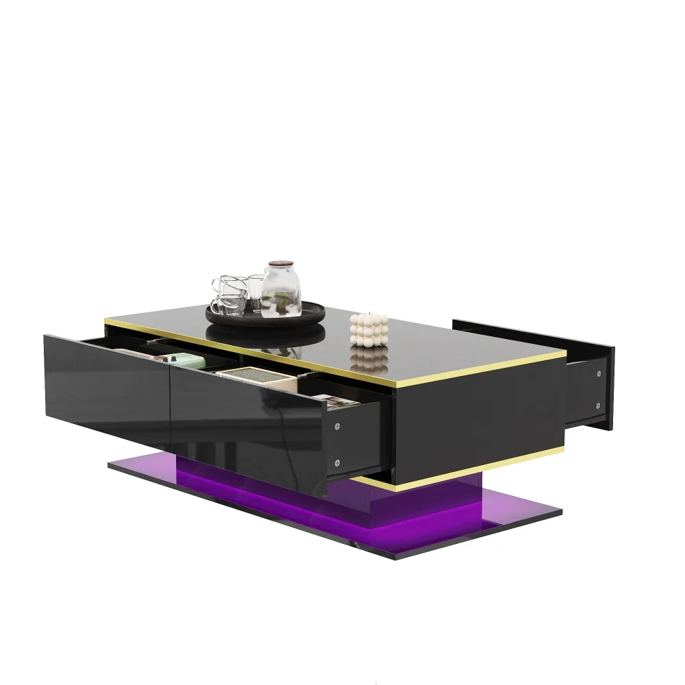 Modern LED Coffee Table with High Gloss Surface, Gold Decoration, Drawers and A Compartment with Color Changing LED Light Strip - Image 32