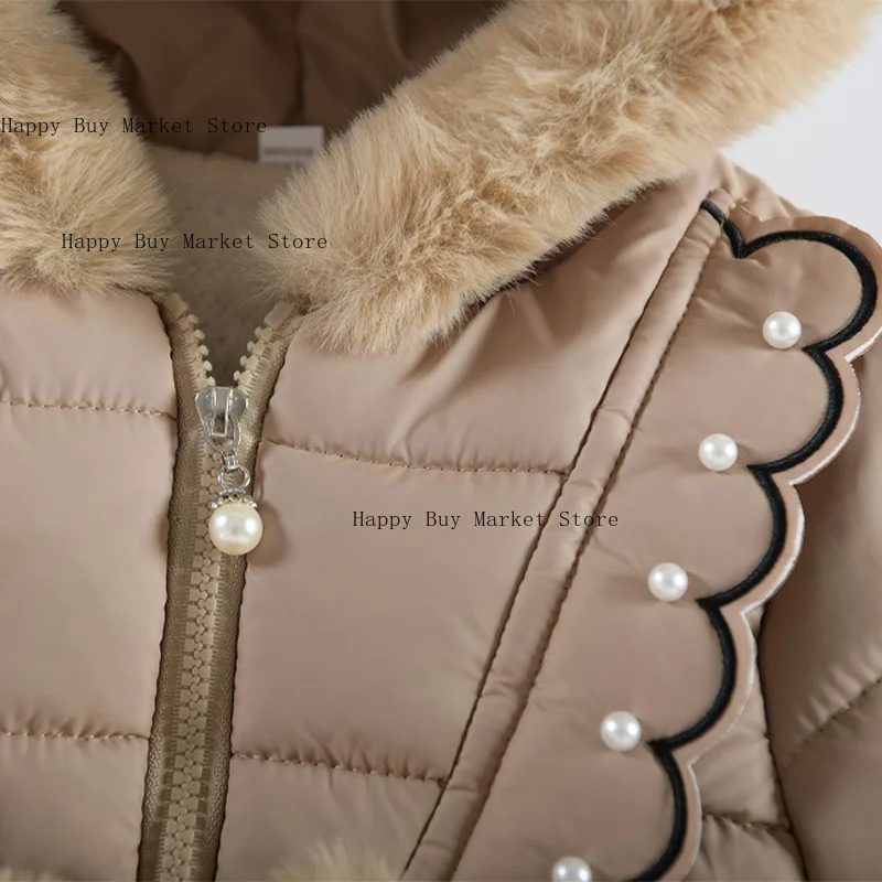 Children Autumn Winter Thick Cotton Coat Kids Girls Warm Pearls Jacket Plush Collar Hooded Windproof Outwear 1 To 6 Years Old - Image 6