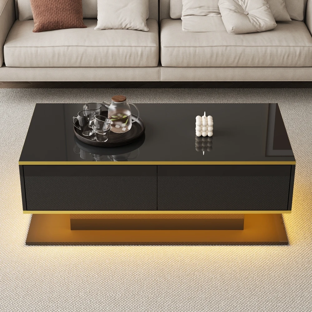 Modern LED Coffee Table with High Gloss Surface, Gold Decoration, Drawers and A Compartment with Color Changing LED Light Strip - Image 35