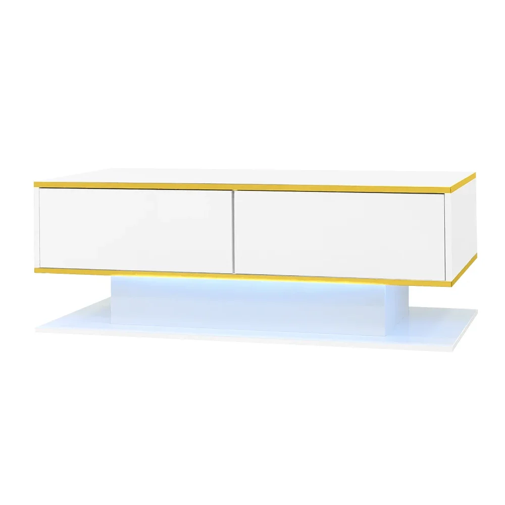 Modern LED Coffee Table with High Gloss Surface, Gold Decoration, Drawers and A Compartment with Color Changing LED Light Strip - Image 21