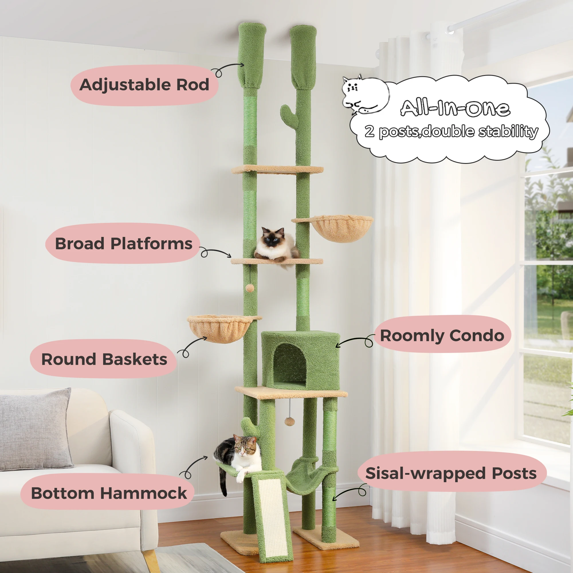 Cactus Cat Tree Floor to Ceiling Cat Tower with Sisal Scratching Post,Comfortable Hammock for Multi-Cat Homes,Cat Accessories - Image 23