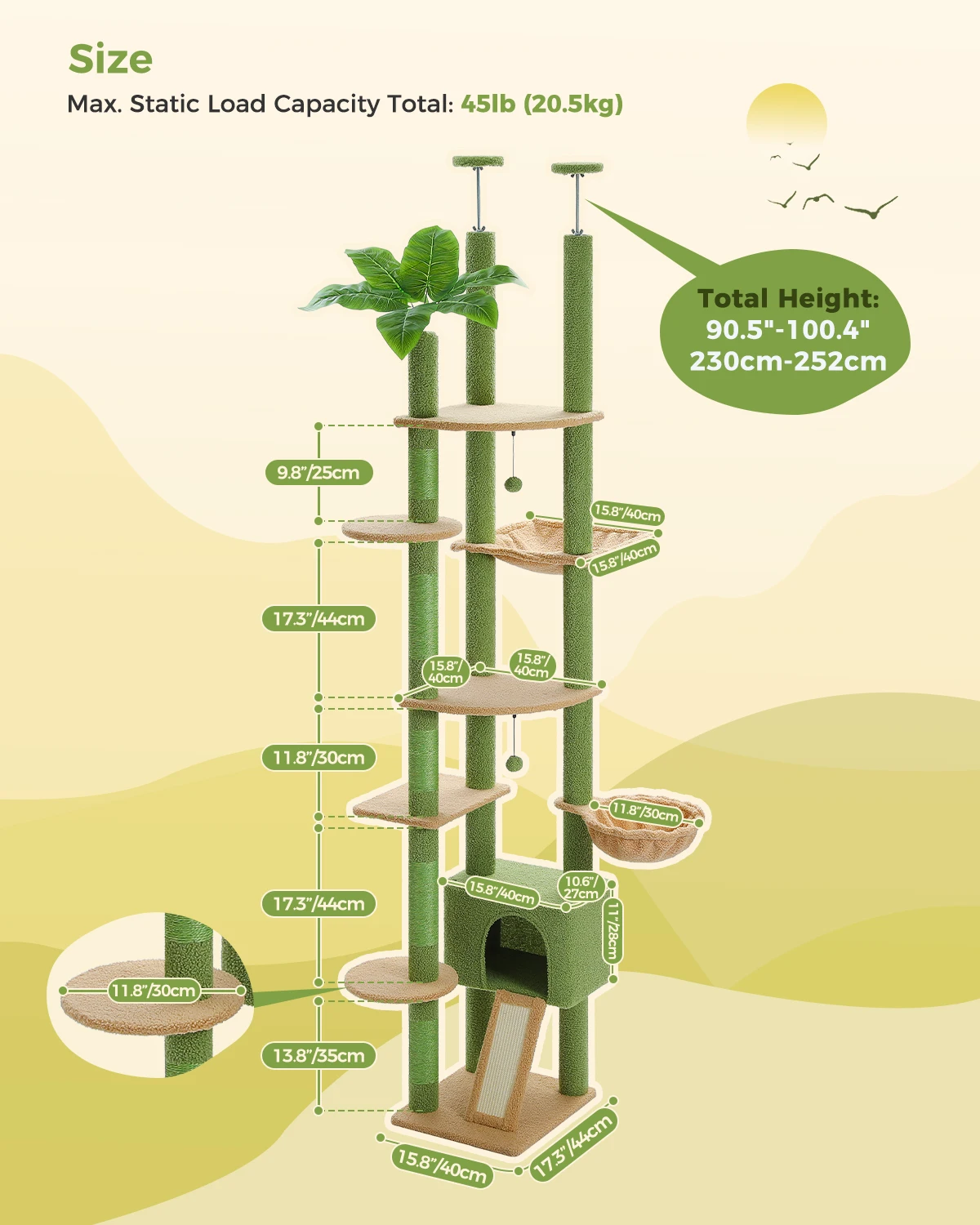 Cactus Cat Tree Floor to Ceiling Cat Tower with Sisal Scratching Post,Comfortable Hammock for Multi-Cat Homes,Cat Accessories - Image 9