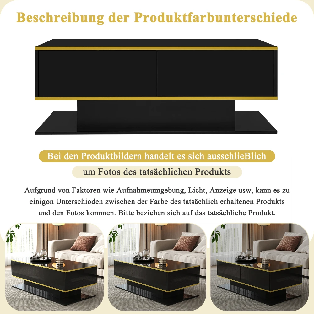 Modern LED Coffee Table with High Gloss Surface, Gold Decoration, Drawers and A Compartment with Color Changing LED Light Strip - Image 38