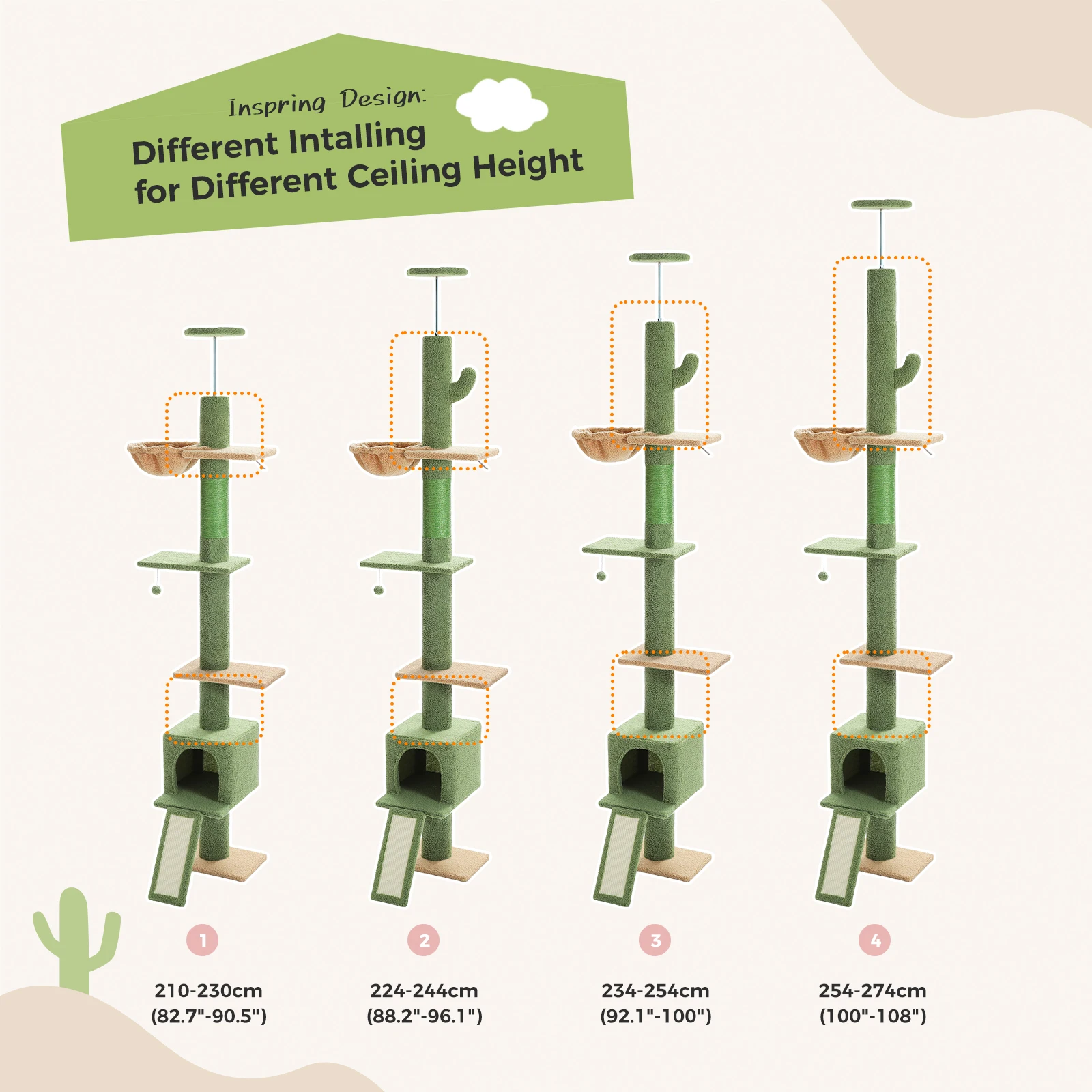 Cactus Cat Tree Floor to Ceiling Cat Tower with Sisal Scratching Post,Comfortable Hammock for Multi-Cat Homes,Cat Accessories - Image 13