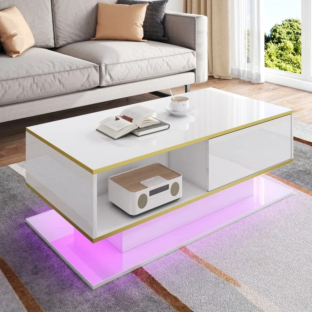 Modern LED Coffee Table with High Gloss Surface, Gold Decoration, Drawers and A Compartment with Color Changing LED Light Strip - Image 5
