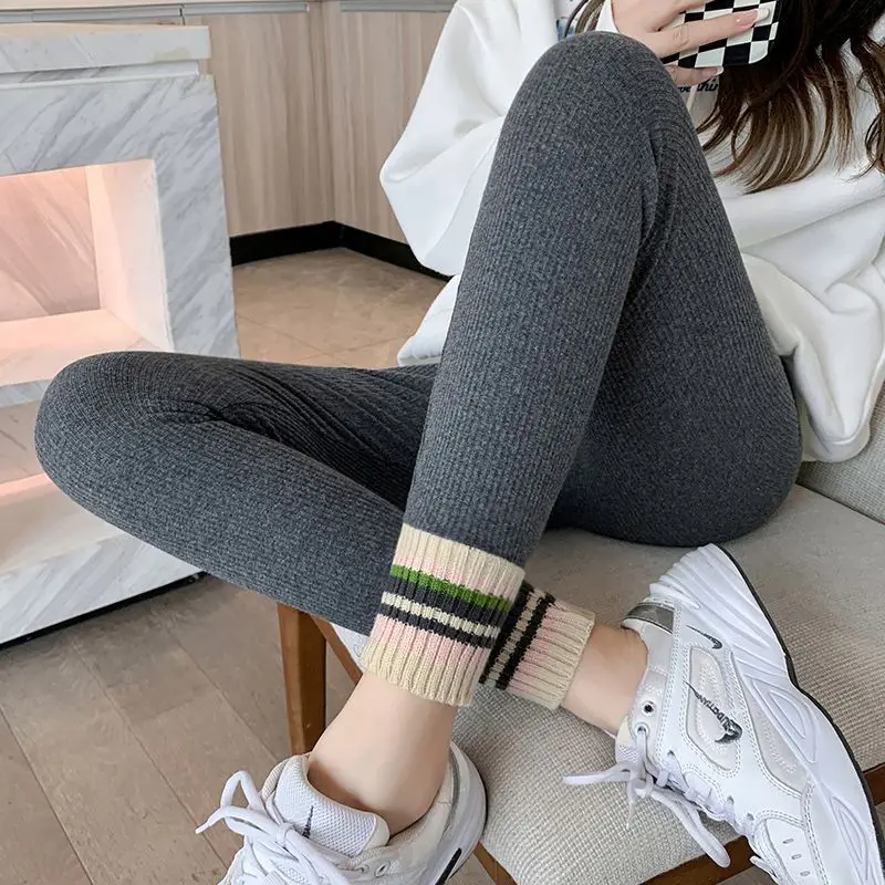 Ribbed Leggings Women High Waist Slim Thermal Wear Leggings Season Wool Pants for Fall Winter Fashion Striped Warm Pants - Image 7